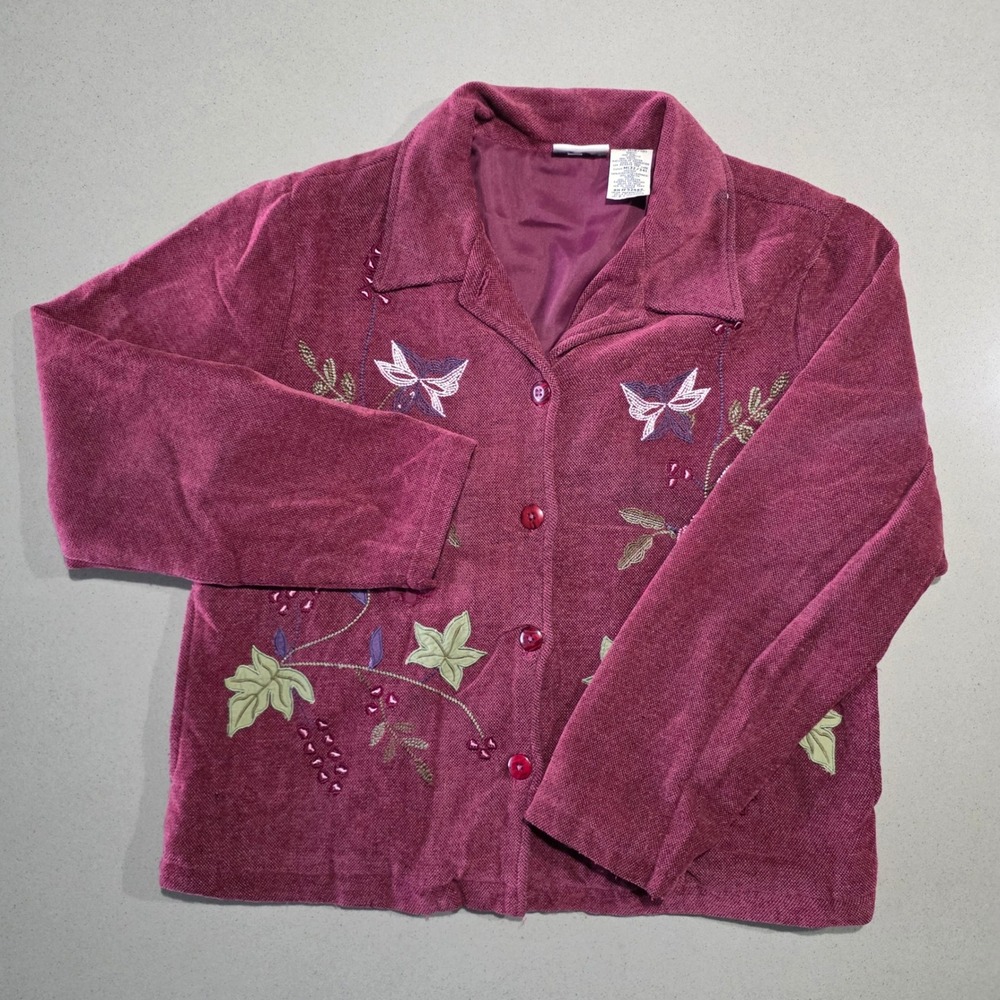White Stag Womens Plum Purple Embroidered Butterfly Floral Jacket Medium 8-10